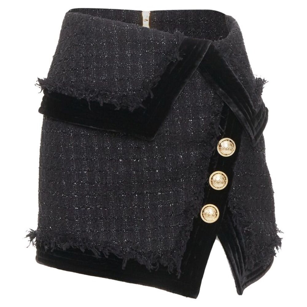 Balmain Black Metallic Tweed Gold Button Skirt